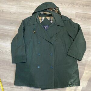 Vintage Burberry Trench Coat Green Double Breasted Nova Check England LG EUC
